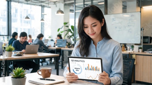Asian Businesswoman Reviewing Financial Data Charts on Tablet in Modern Office Space
