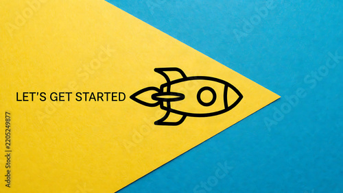 Let's Get Started text with rocket icon on yellow and blue geometric background