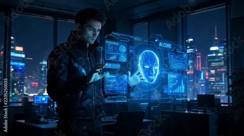 Futuristic Technician Operating AI Core Hologram Interface in Nighttime Cyberpunk Office