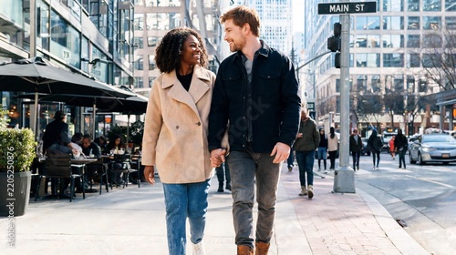 Happy Diverse Couple Holding Hands Walking on Sunny Urban City Street Downtown