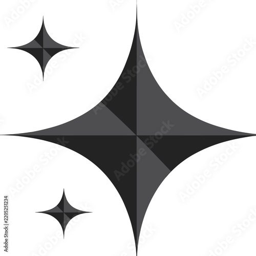 Two dark gray four-pointed star shapes with sharp edges and geometric shading, isolated on a white background, set for decorative use