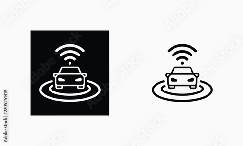 Two simple line of a self-driving autonomous car with wireless signal waves, one in white on a black square and one in black on a white background