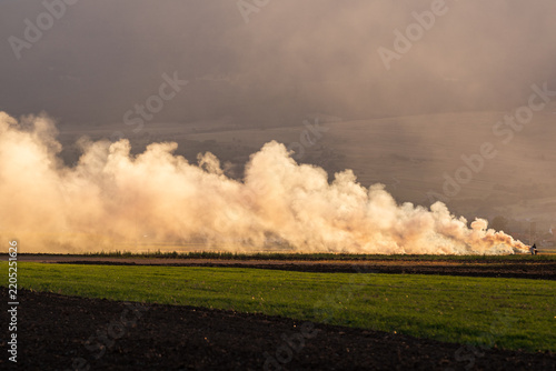 Burning Straw Stubble Producing Smoke and Air Pollution. Burning straw stubble in an agricultural field after harvest, producing thick smoke and air pollution during autumn field clearing.