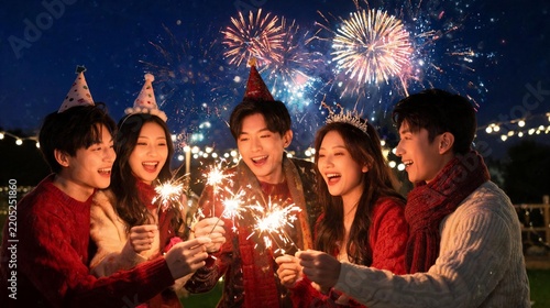 Joyful Young Friends Celebrating New Year with Sparklers and Fireworks Outdoors at Night