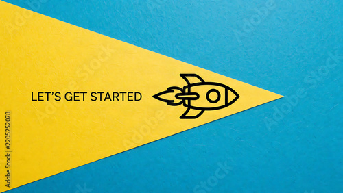 Yellow paper pennant with rocket icon and let's get started text on blue background
