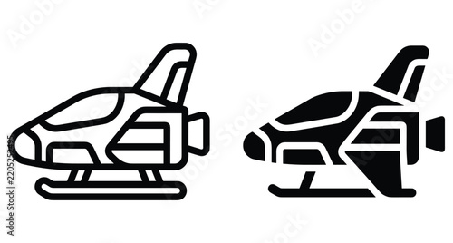 Futuristic spaceship shuttle icon set featuring outline and solid glyph styles for science fiction aerospace travel and modern technology projects
