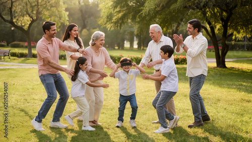 Happy Indian Multigenerational Family Playing Blindfold Game Outdoors Together in Green Park