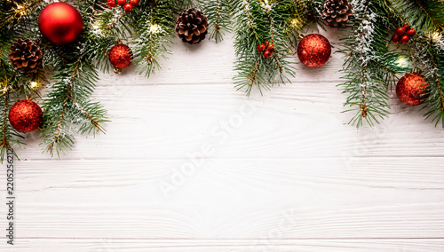Christmas decoration on white wooden background with copy space