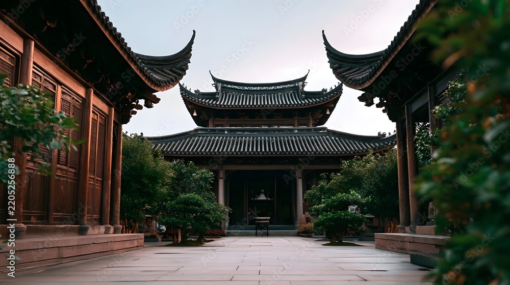 Obraz premium Traditional Chinese courtyard architecture with curved eaves wooden pillars and tiled roofs framed by greenery