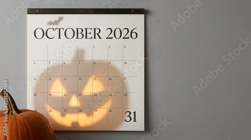 October 2026 wall calendar displays a large spooky jack-o'-lantern shadow, casting an eerie glow on a plain gray background, with an actual pumpkin partially visible in the bottom left corner.