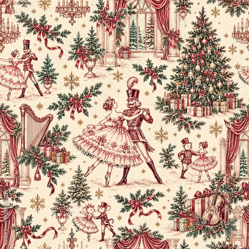 Nutcracker Christmas Ballet Toile de Jouy Seamless Pattern with Dancers, Tree and Vintage Holiday Decor