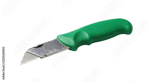 Green handled utility knife with retractable blade as isolated on, box as isolated on transparent background