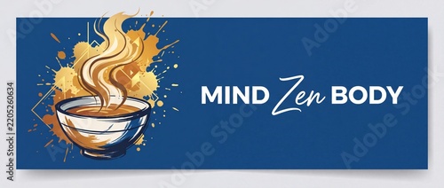 Mind body zen tea banner illustration featuring steaming bowl hot tea with yellow watercolor splash art background for holistic health wellness spa poster design and meditation concept template
