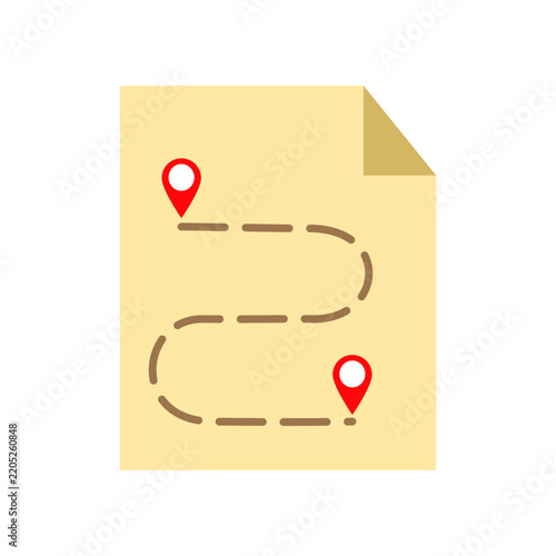 Flat vector illustration of a paper map document with red location pins and dashed route line isolated on white background. Minimalist travel navigation itinerary icon template for mobile app.