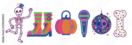Colorful Halloween party icons including a dancing skeleton, striped boots, pumpkin lantern, microphone, disco ball, and confetti bone.