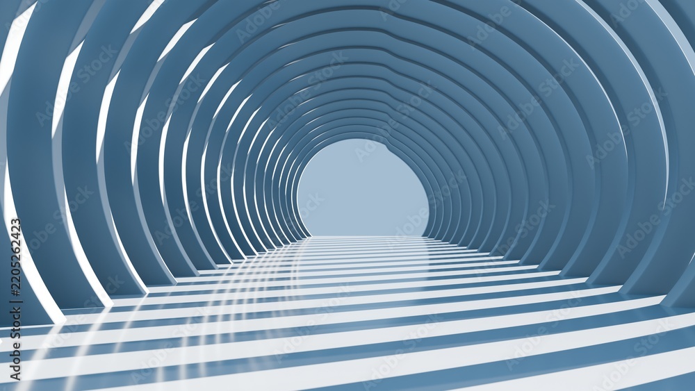 Fototapeta premium Abstract futuristic blue tunnel architecture with glowing light rays stretching across a clean glossy floor creating endless perspective depth