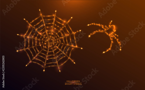 Glowing neon Halloween vector design featuring a bright round spider web and a spider on dark background. Ideal for spooky party invitations, seasonal banners and graphic projects.