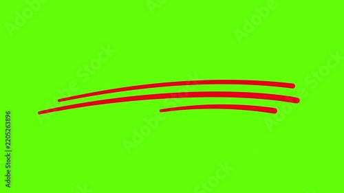 Red marker underscore lines - set of 6, hand drawn scribble animation on a green screen background