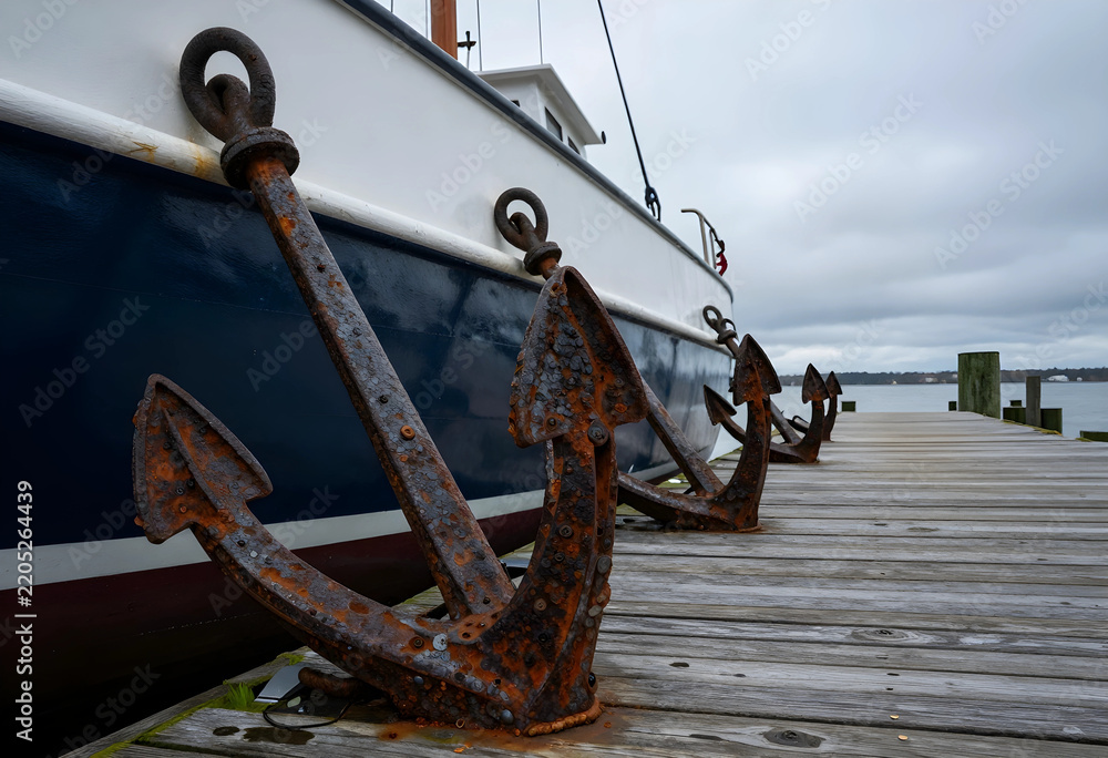 Obraz premium Maritime stability and nautical heritage, rusty iron anchors resting on a wooden pier beside a docked boat for marine industry and travel concepts