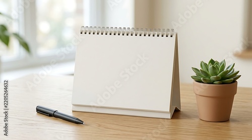Blank spiral desk calendar and black pen on wooden table with plant