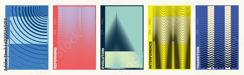 Abstract geometric poster set, modern gradient vector backgrounds in blue yellow red, minimalist brochure cover templates