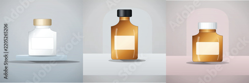 Amber pharmacy glass bottle collection with diverse cap styles for medical product packaging.