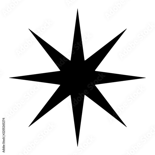 Minimalist eight-point star silhouette, black geometric starburst icon, sharp celestial compass rose symbol on white background