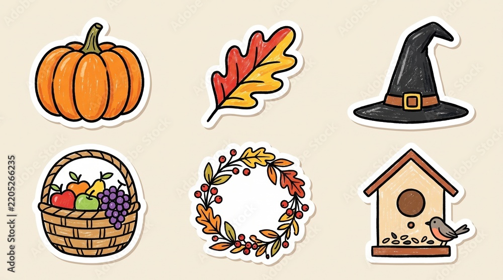 Fototapeta premium Autumn sticker illustrations featuring pumpkin leaf wreath witch hat fruit basket and birdhouse