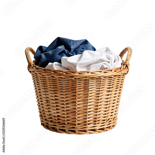 Woven wicker laundry basket filled with blue and white clothes