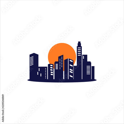 Vector illustration of city buildings, silhouette of city buildings with moon behind them