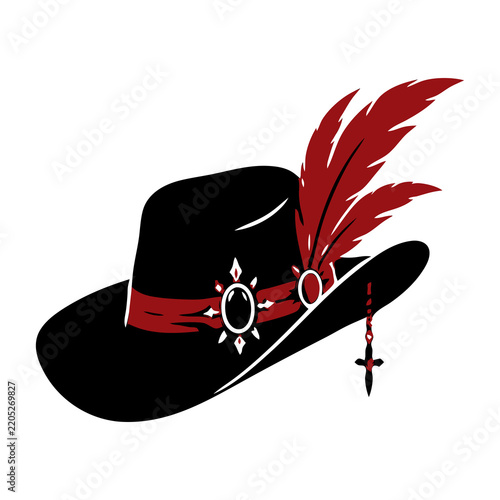 Foto Wide brim musketeer hat with red band, feather plume and cross charm, black and red gothic vector icon for pirate cosplay, Victorian costume and sticker designs