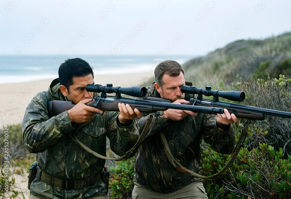 Fototapeta premium Hunting and wildlife management, two men in camouflage gear aiming rifles with scopes at the coast for outdoor sport and conservation activity