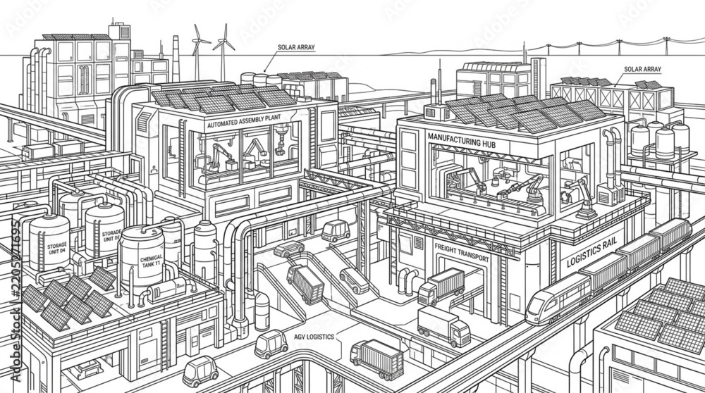 Obraz premium Comprehensive line art illustration of a sprawling industrial manufacturing plant with production halls and supply