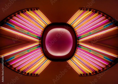 a curved linear architectural light fixture or a light art installation using a series of colorful fluorescent or LED tubes integrated into the ceiling cove