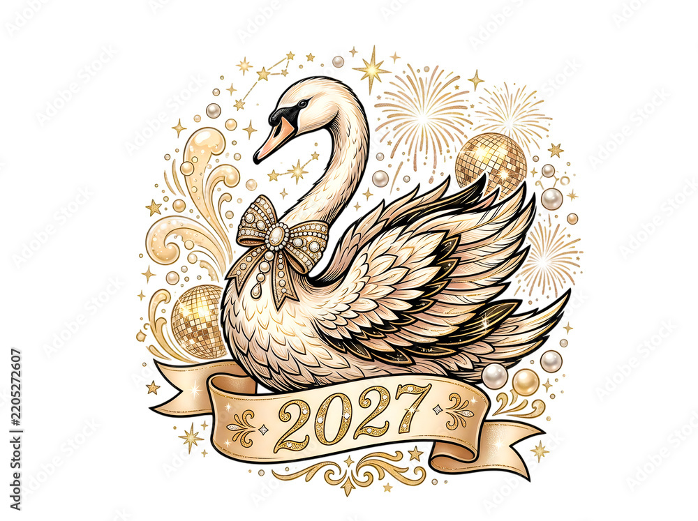 Obraz premium Elegant swan illustration with 2024 ribbon banner design