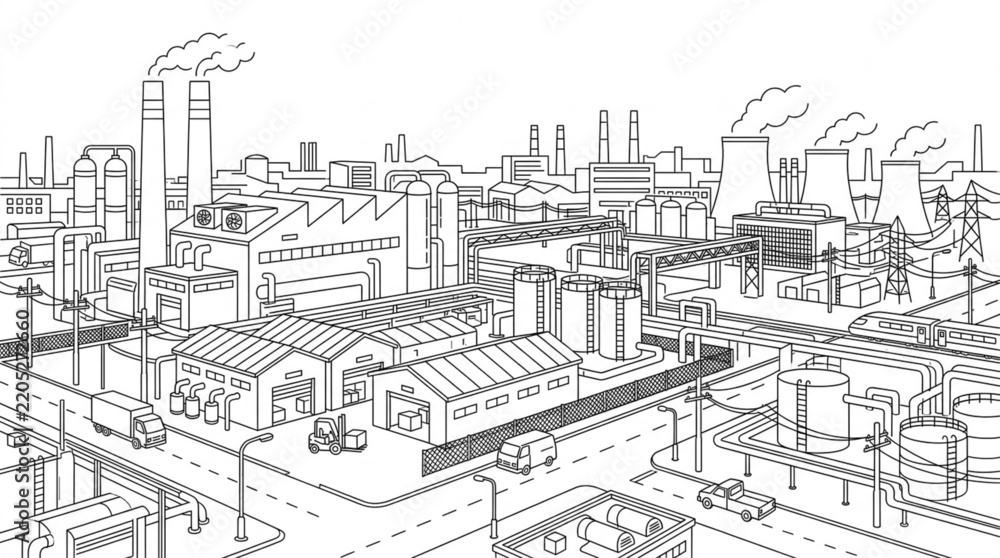 Obraz premium Panorama sketch of an urban industrial district with multiple factories manufacturing plants and power lines