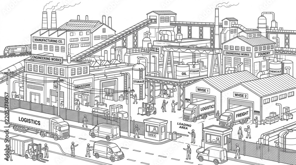 Obraz premium Black and white line art illustration of an industrial manufacturing plant complex with logistics and warehouses