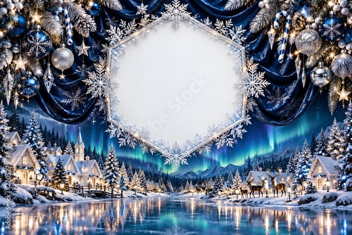 Elegant Christmas Greeting Card with Ornate White Frame, Snowy Village, Northern Lights and Frozen Lake