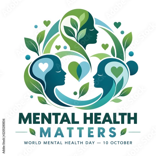 World Mental Health Day illustration with human head profiles and green leaves and heart symbols