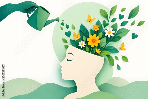 A hand watering flowers and green leaves growing from a human head symbolizing mental health