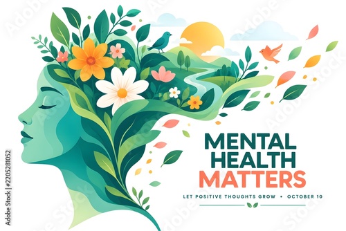Woman silhouette with flowers and leaves growing from her head representing mental health care