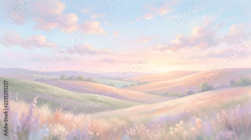 Serene morning sunrise over a peaceful countryside meadow with soft clouds and pastel colors