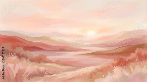 Soft Pastel Pink Sunset Landscape Illustration with Rolling Hills and Serene Misty Mountain Valley