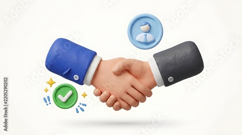 Business handshake between two cartoon hands wearing a blue jacket and a grey suit representing partnership and agreement.