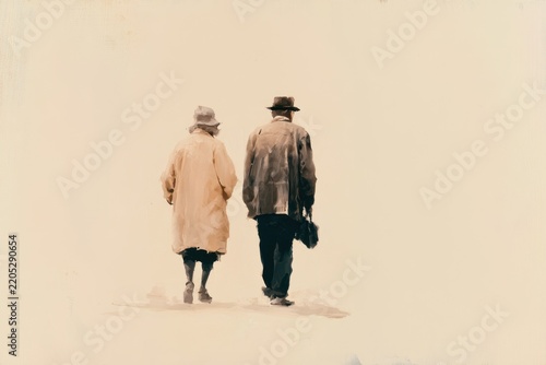 elderly couple walking away into a vast empty beige space