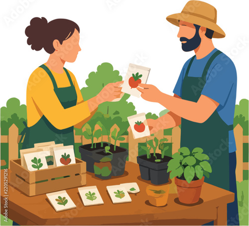 Farmers Exchanging Vegetable Seed Packets at Community Garden