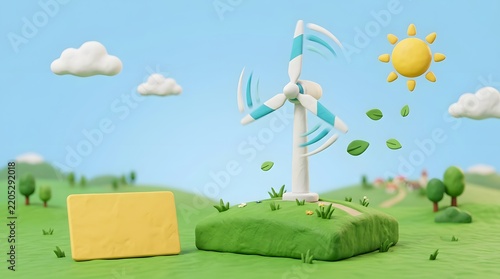 Wind turbine spinning on a green hill with rolling countryside and blue sky in a 3D claymation design.