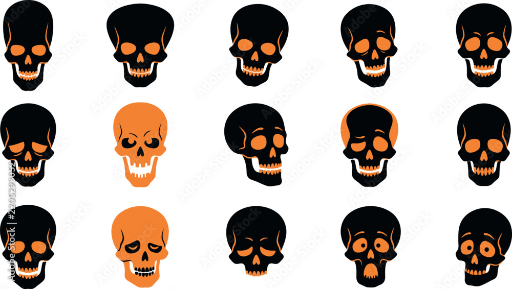 Obraz premium Collection of colorful human skulls arranged in a grid pattern on white background