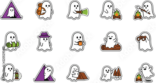 Halloween ghost stickers with camping and outdoor adventure theme