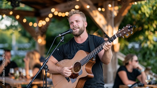 Man singing into microphone while playing acoustic guitar at an outdoor event